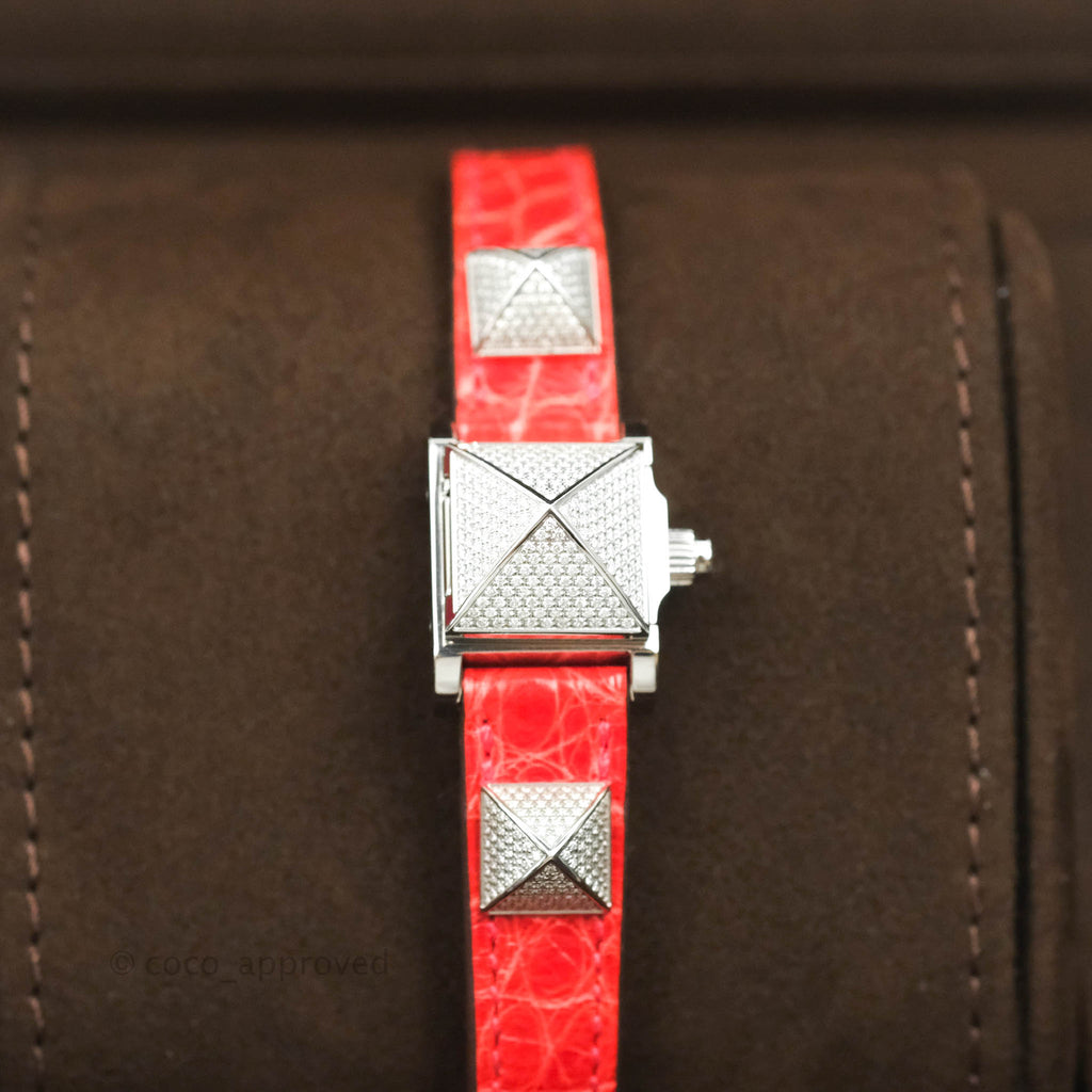 Hermes Pave Diamond Medor Red Crocodile Watch Bracelet Palladium Hardware
