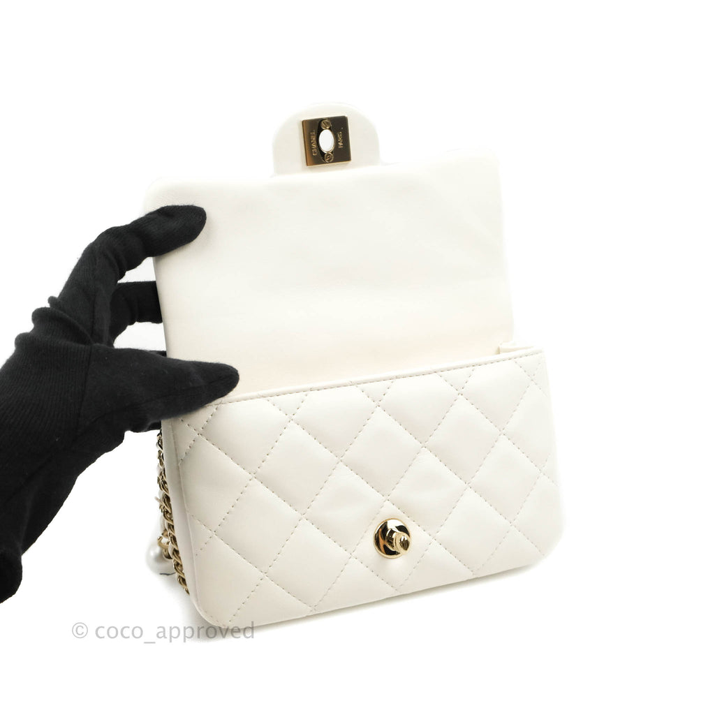 Chanel Small Logo Pearl Chain Flap Bag White Lambskin Gold Hardware