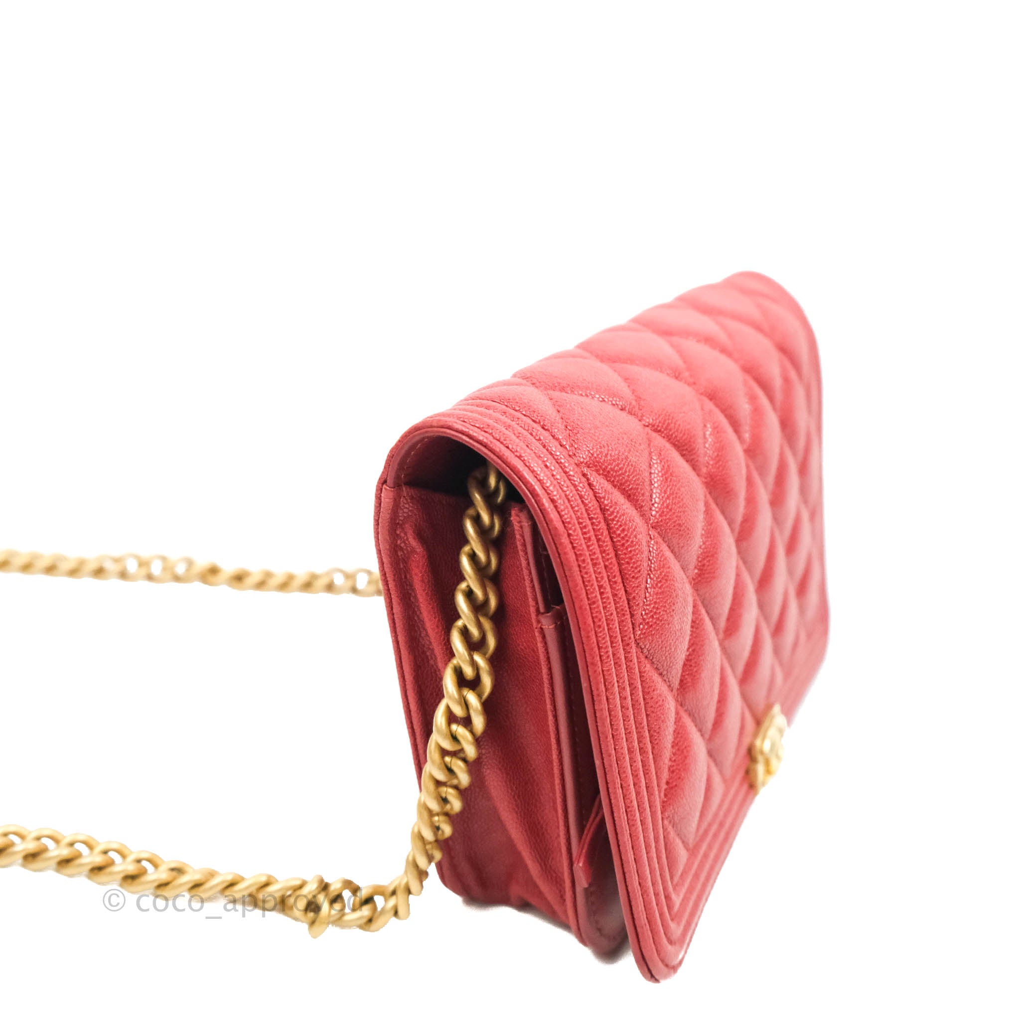 Chanel Quilted Boy Wallet on Chain WOC Red Caviar Aged Gold Hardware – Coco  Approved Studio