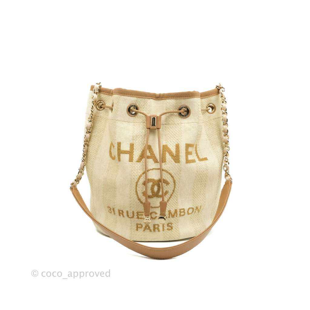 Chanel Raffia Canvas Deauville Drawstring Bucket Bag Brown Gold Hardware