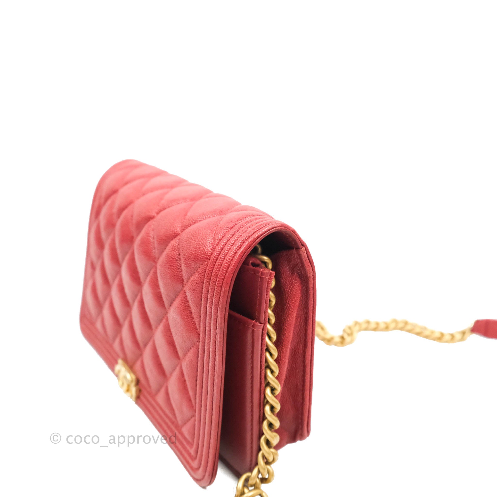 Chanel Quilted Boy Wallet on Chain WOC Red Caviar Aged Gold