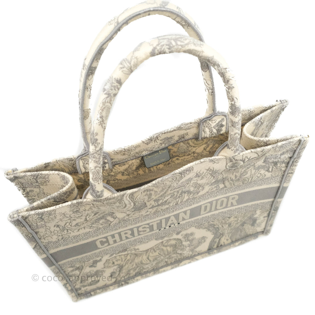 Christian Dior Medium (Old Small) Embroidered Toile De Jouy Light Grey Canvas Book Tote
