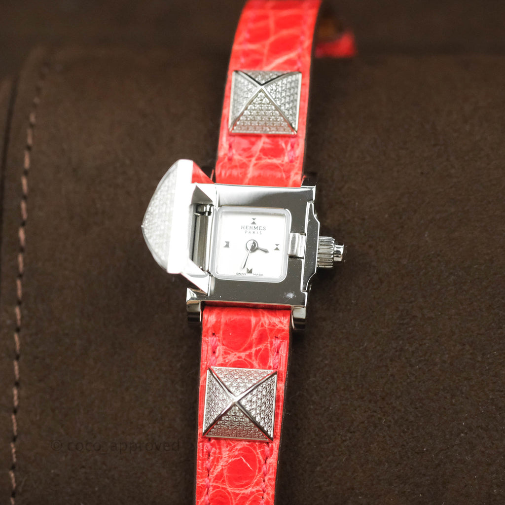Hermes Pave Diamond Medor Red Crocodile Watch Bracelet Palladium Hardware