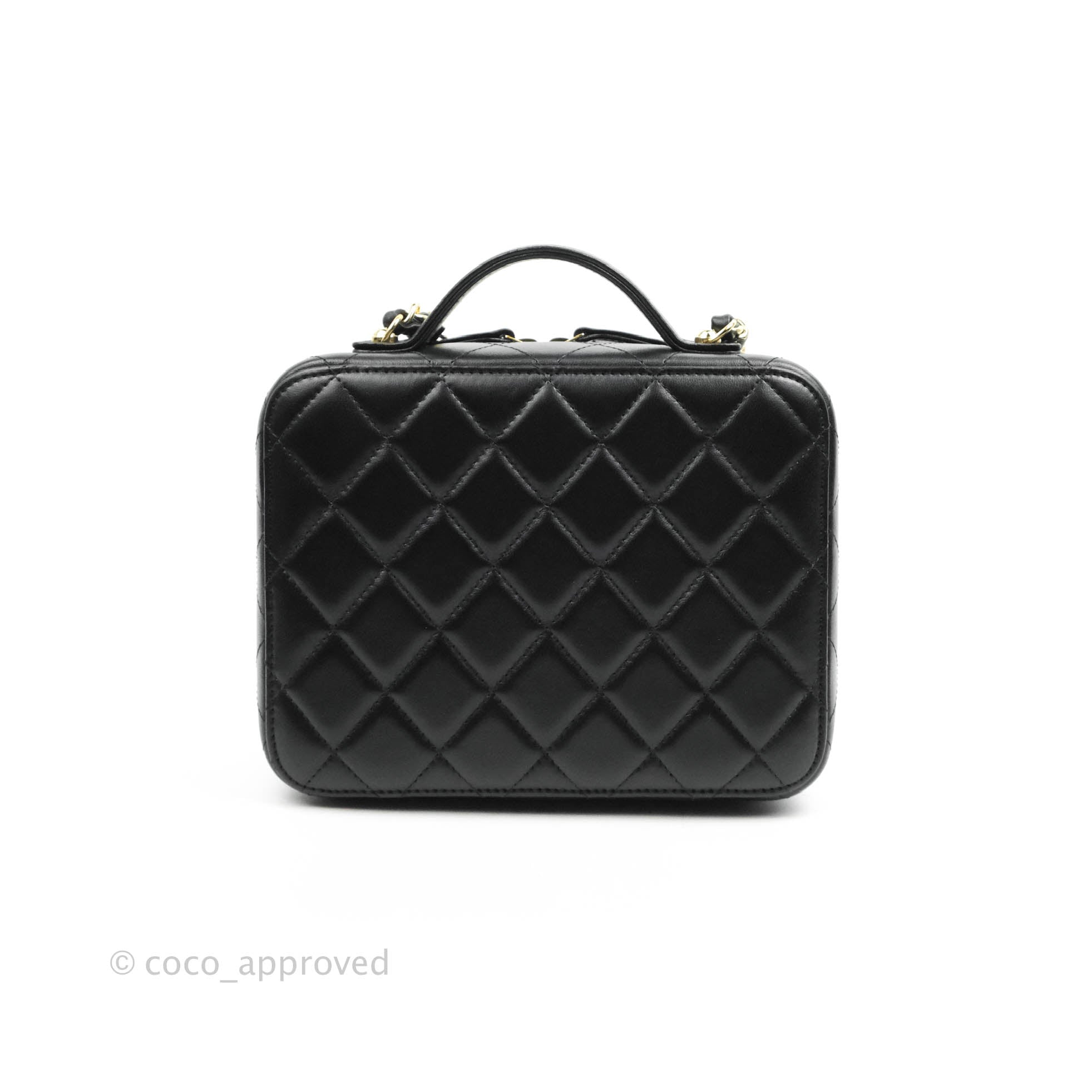 Chanel Quilted Golden Plate Vanity Case Black Lambskin Gold