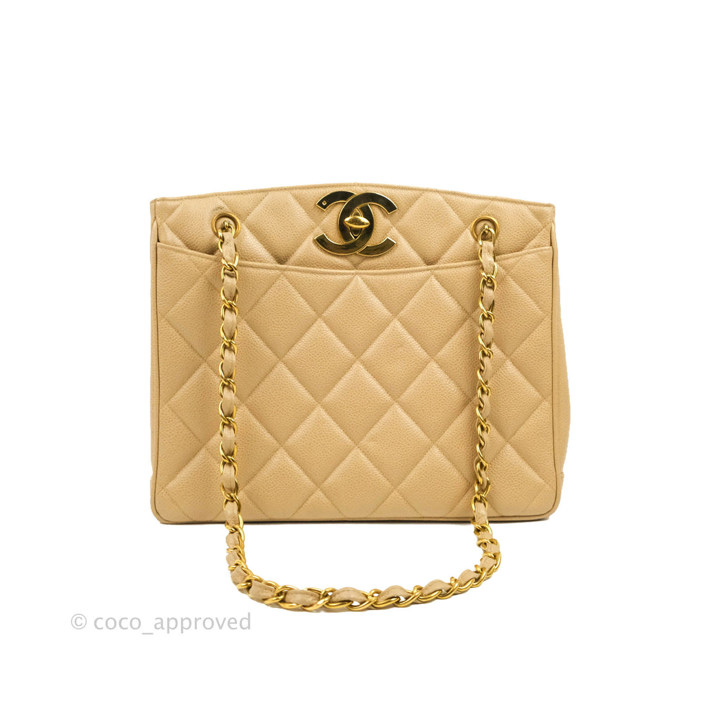 Chanel Vintage Triple CC Logo Beige Gold Caviar Tote Shoulder Bag