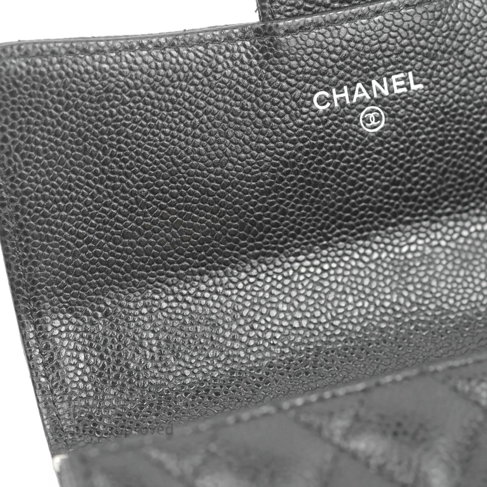 CHANEL Caviar Metal Quilted Striated Zip Card Holder Wallet Black
