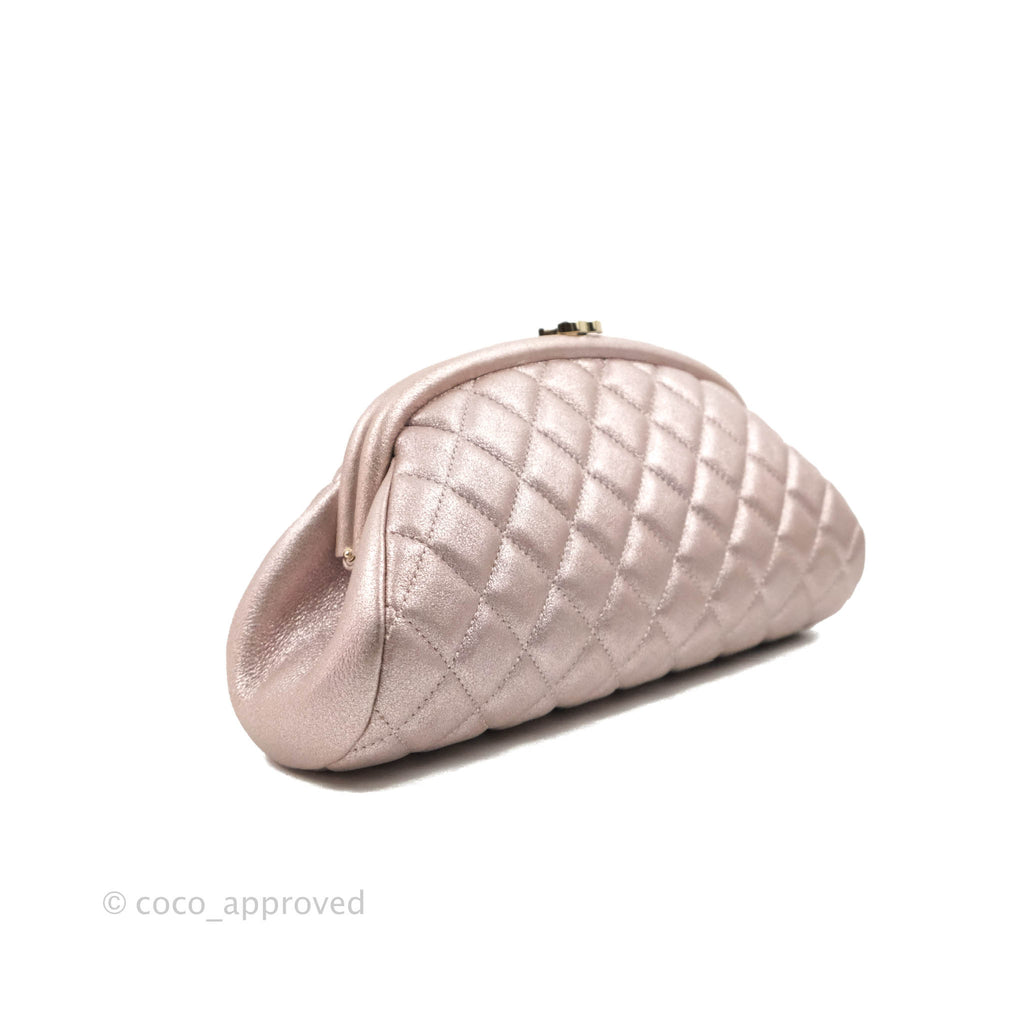 Chanel Quilted Timeless Kisslock Clutch Metallic Rose Gold Goatskin Silver Hardware