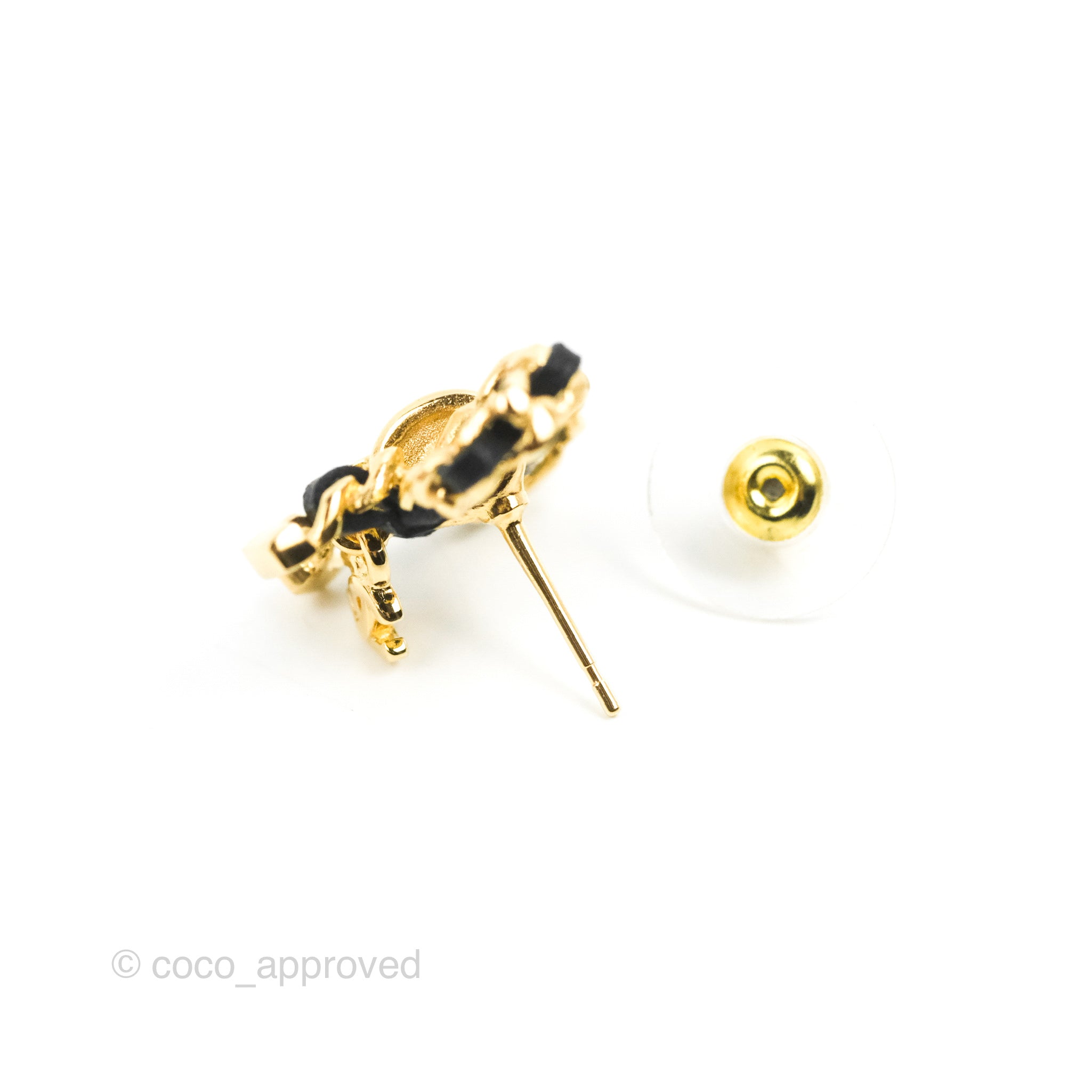 Chanel Lambskin Chain Bow Stud Earrings Black Gold 22A – Coco