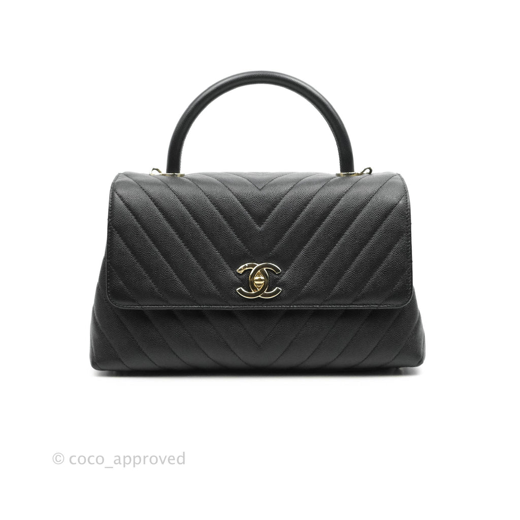 Chanel Small (Medium) Coco Handle Chevron Black Caviar Gold Hardware