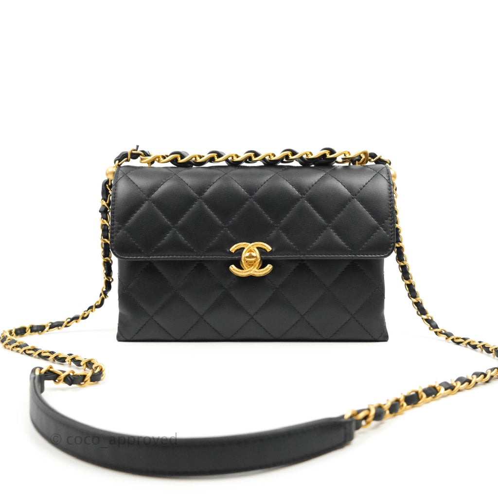Chanel Small Chain Bar Flap Bag Black Calfskin Aged Gold Hardware