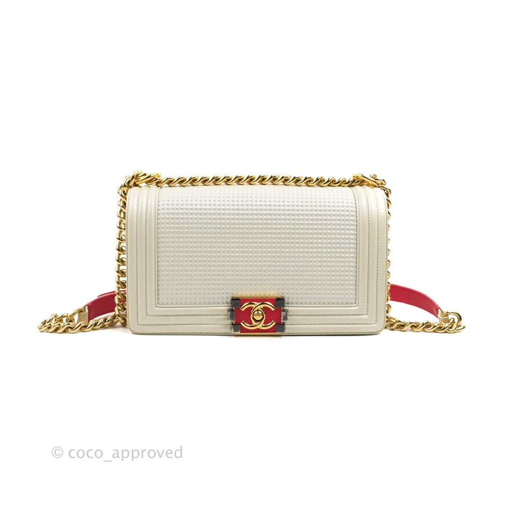 Chanel Cube Embossed Medium Boy Bag Iridescent Pearl White Lambskin Gold Hardware