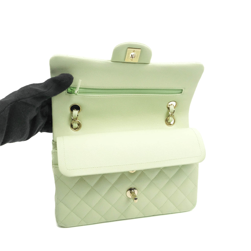 Chanel Small Classic Quilted Flap Light Green Caviar Gold Hardware