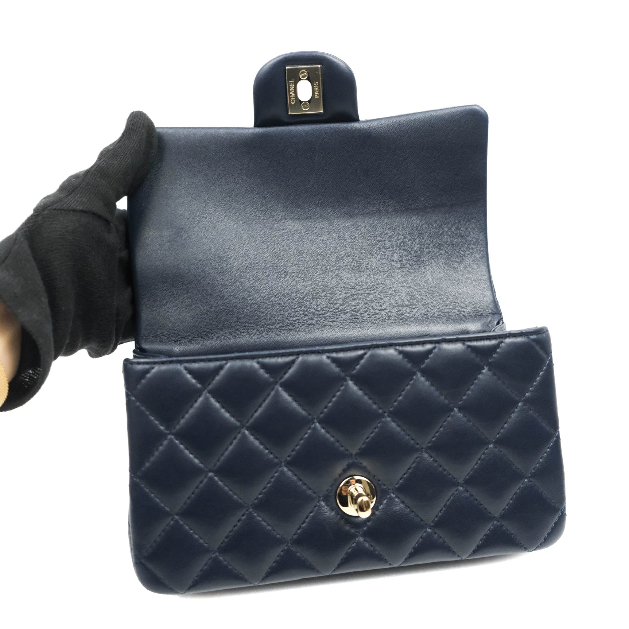 Chanel Top Handle Mini Rectangular Flap Bag Navy Lambskin Gold