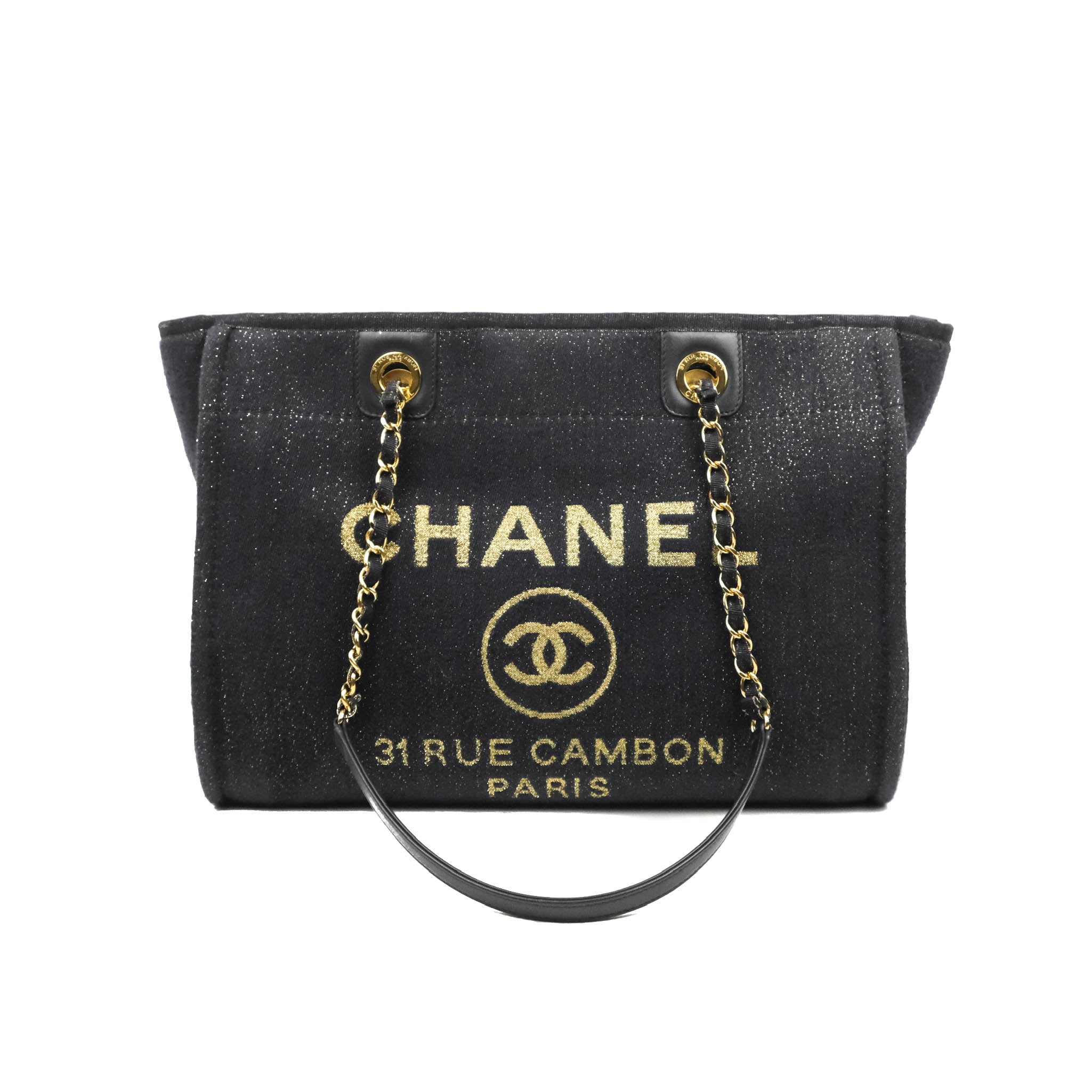 CHANEL Navy Blue Canvas Glitter Small Medium Deauville Tote Bag Light –  AYAINLOVE CURATED LUXURIES