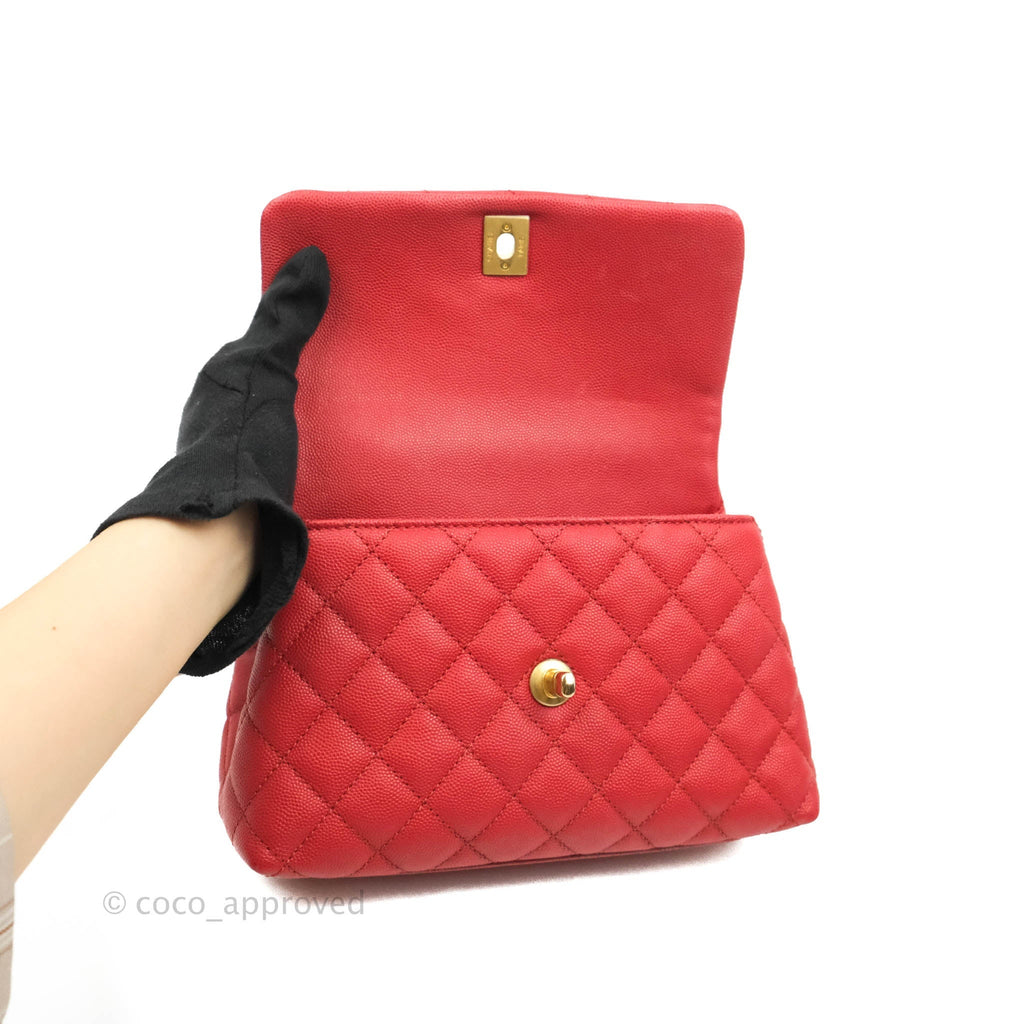 Chanel Small Quilted Coco Handle Red Caviar Gold Hardware