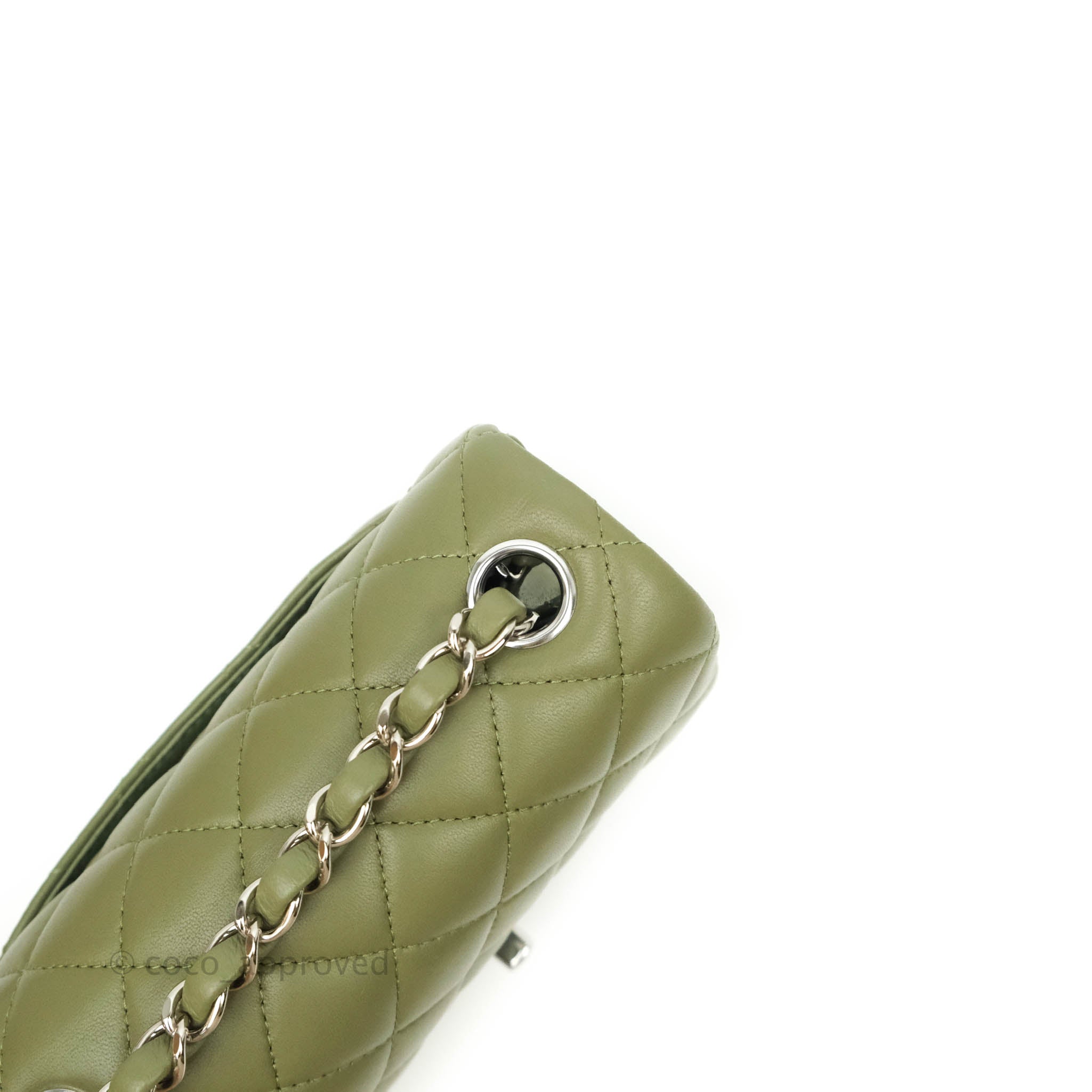 Chanel Quilted Mini Square Olive Green Lambskin Silver Hardware