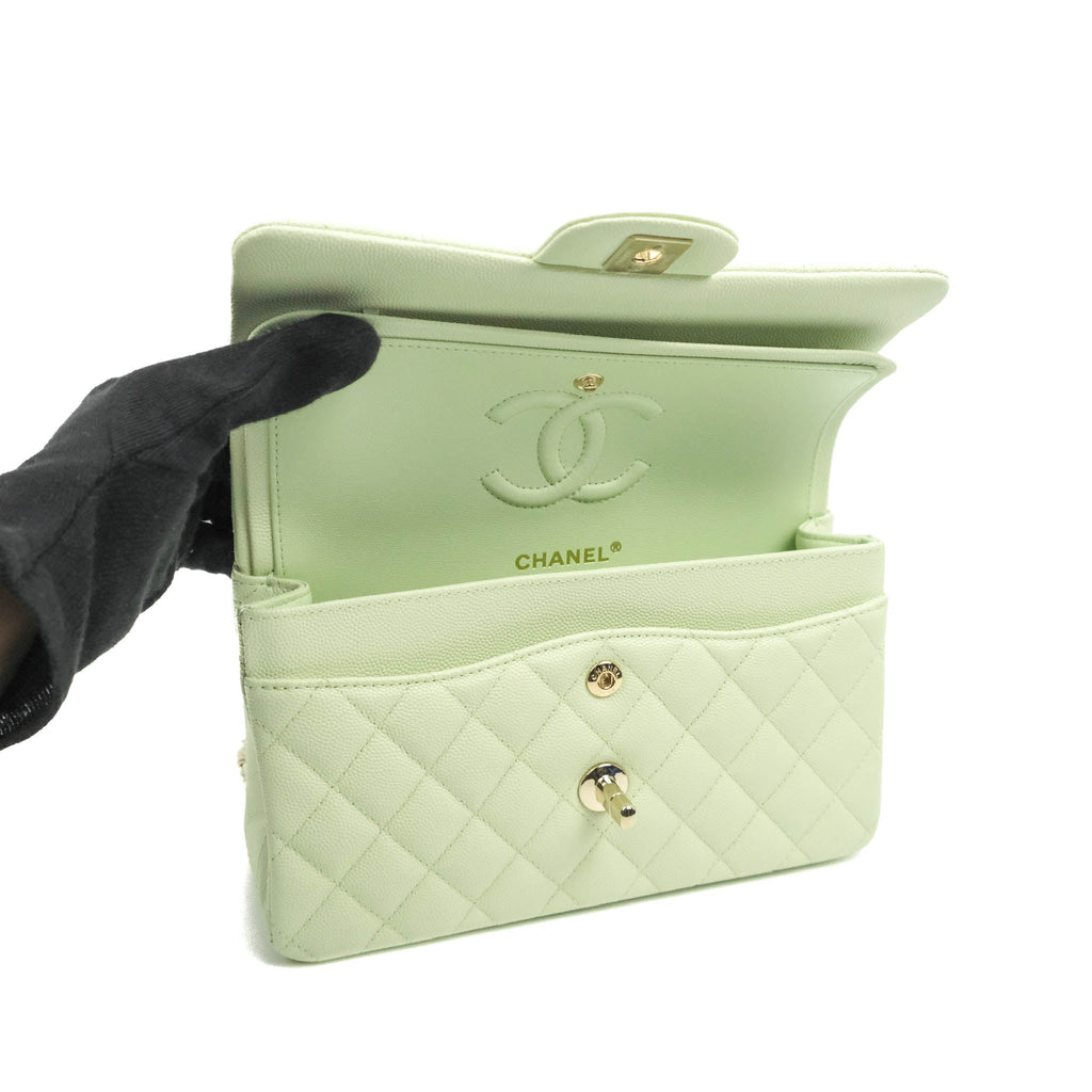 Chanel Small Classic Quilted Flap Light Green Caviar Gold Hardware