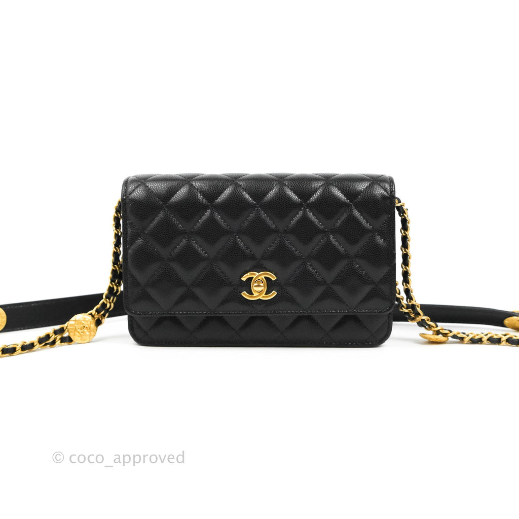 Chanel Quilted Gold CC Coin Wallet on Chain WOC Black Caviar Gold Hardware