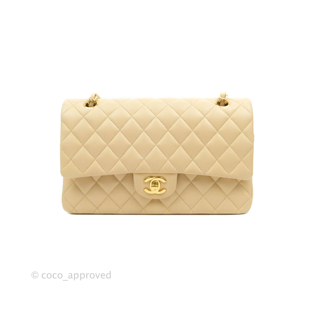 Chanel Classic M/L Medium Flap Quilted Beige Lambskin Gold Hardware