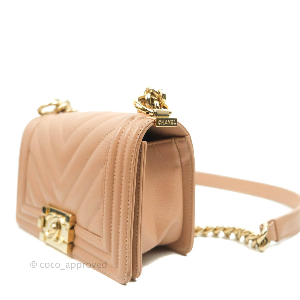 Chanel Small Chevron Boy Beige Pink Caviar Gold Hardware