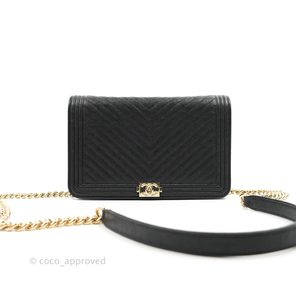 Chanel Chevron Boy Wallet On Chain Black Calfskin Gold Hardware 