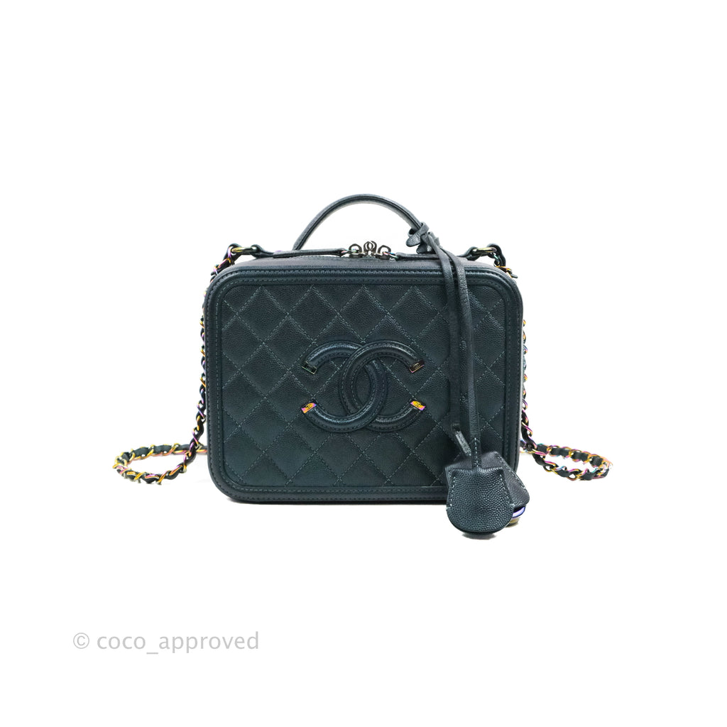 Chanel Quilted Medium CC Filigree Vanity Case Iridescent Dark Turquoise Caviar Rainbow Hardware