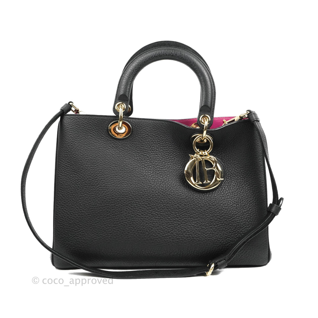 Christian Dior Medium Diorissimo Bag Black Fuchsia Grained Calfskin Gold Hardware