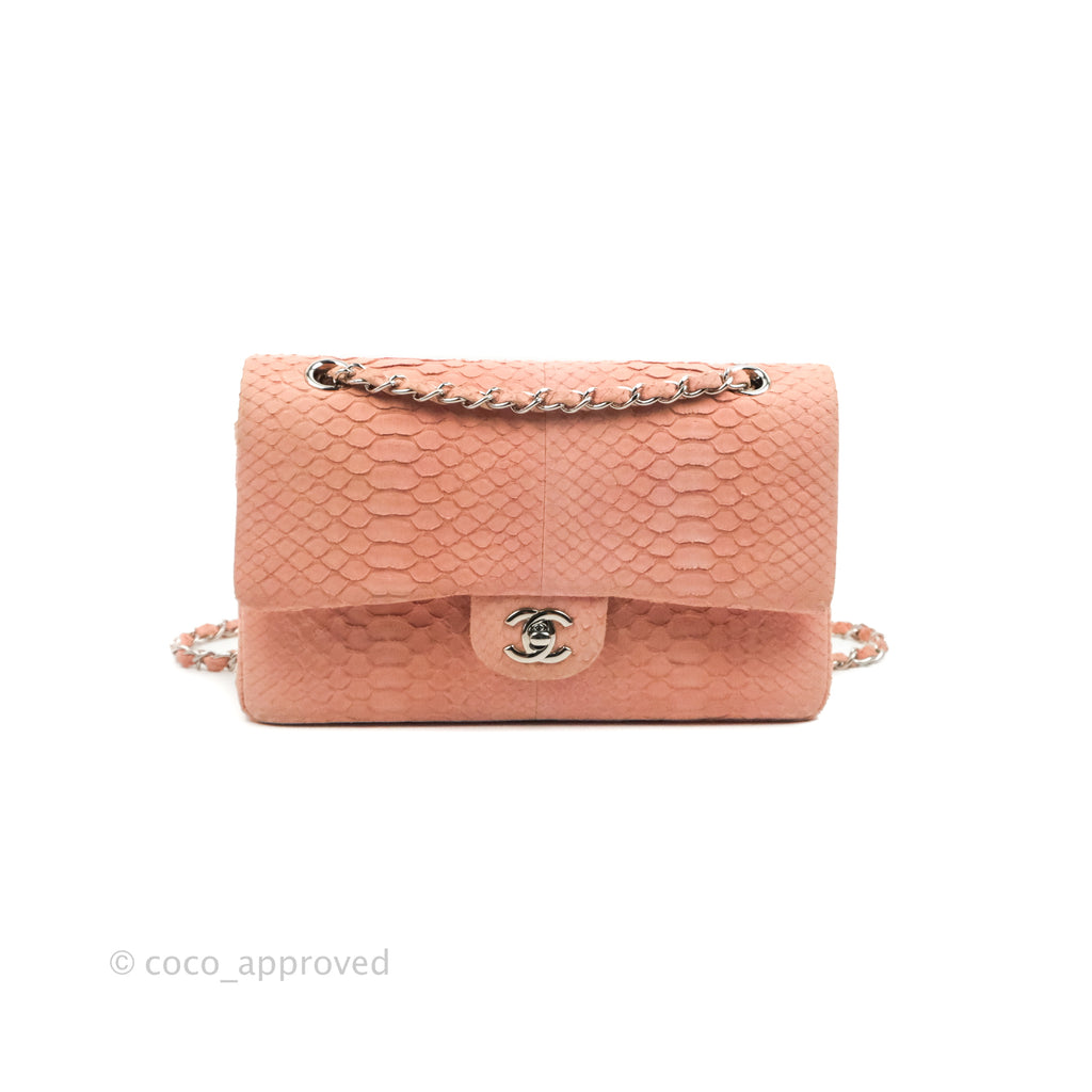 Chanel Classic M/L Medium Flap Quilted Pink Python Silver Hardware