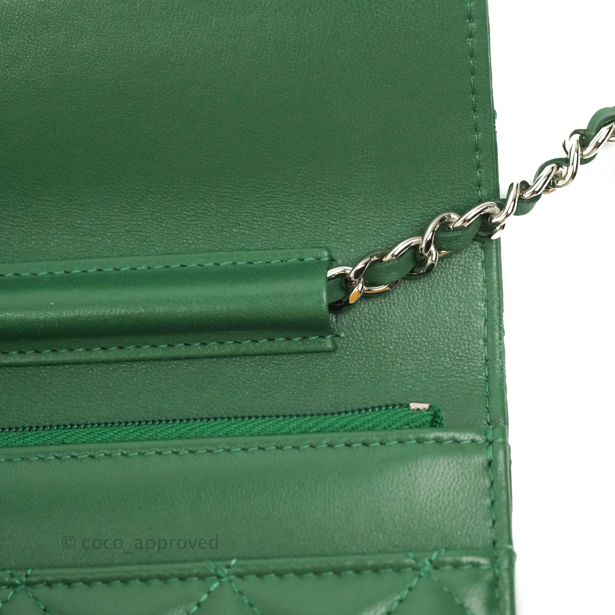 CHANEL Lambskin Quilted Zirconium Wallet On Chain WOC Light Green