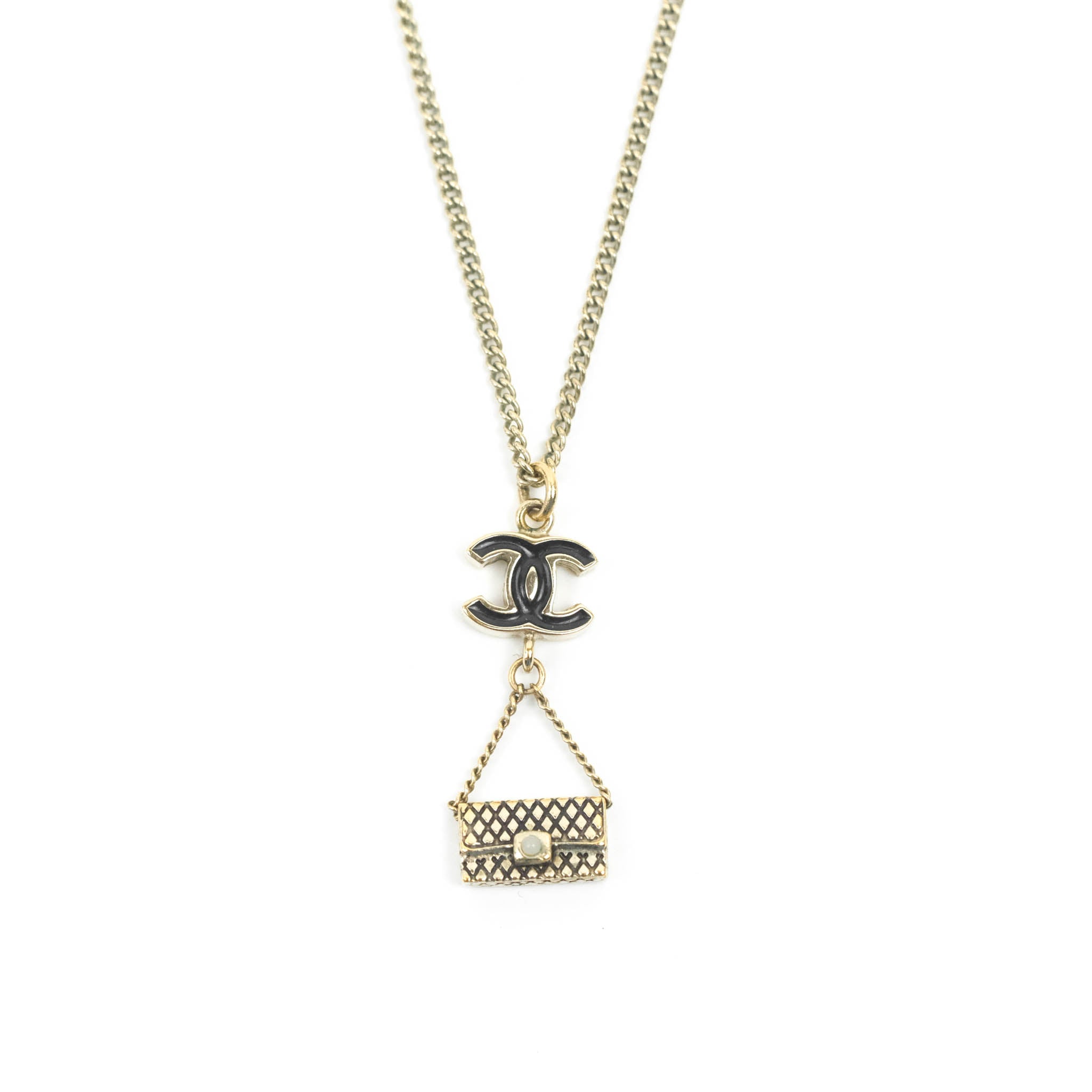 Chanel CC Black Enamel Flap Bag Charm Pendant Necklace Gold Tone 07P – Coco  Approved Studio