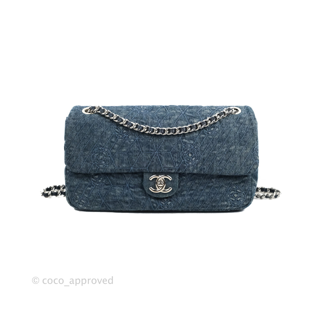 Chanel Camellia Embroidered Flap Bag Blue Washed Denim Silver Hardware