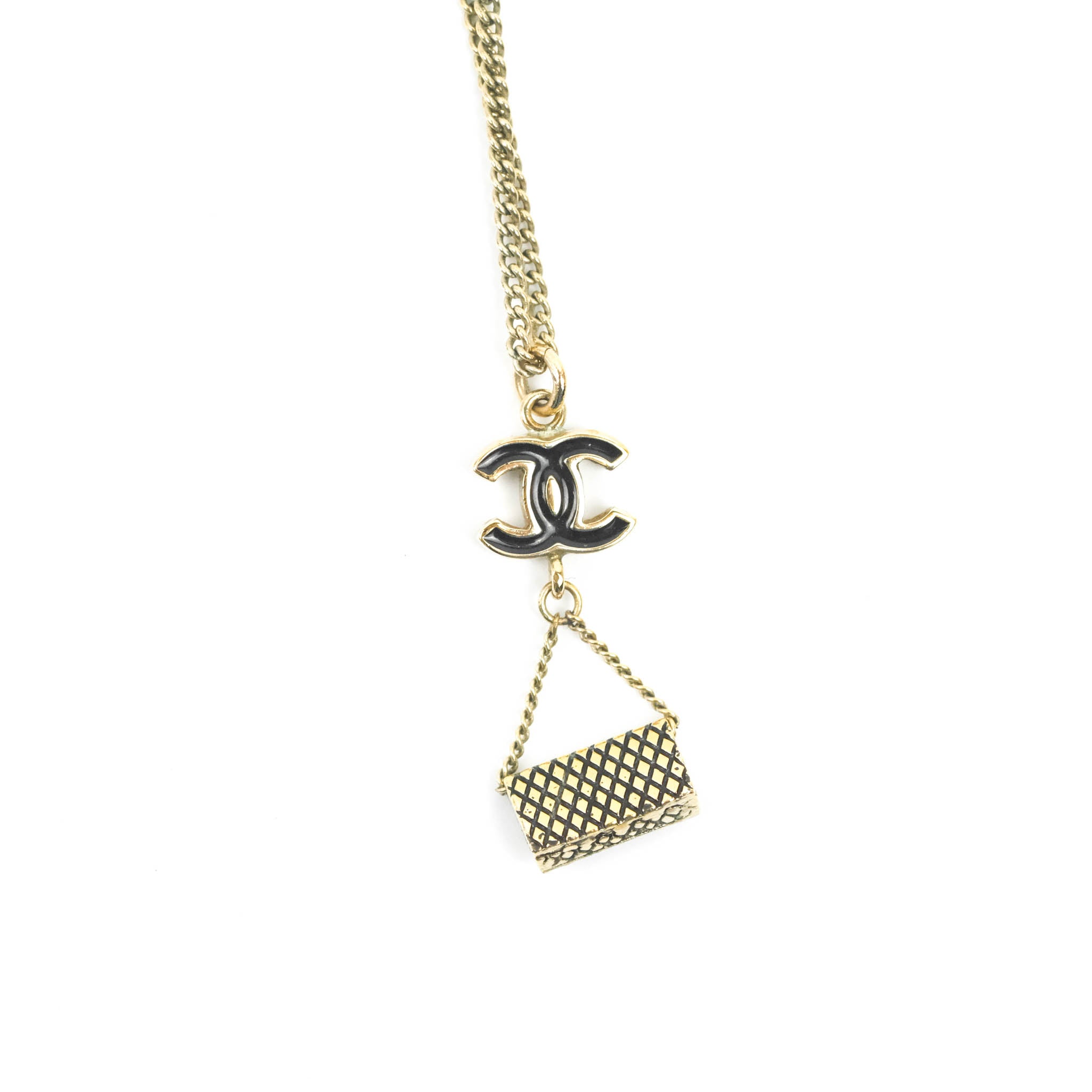Chanel CC Black Enamel Flap Bag Charm Pendant Necklace Gold Tone