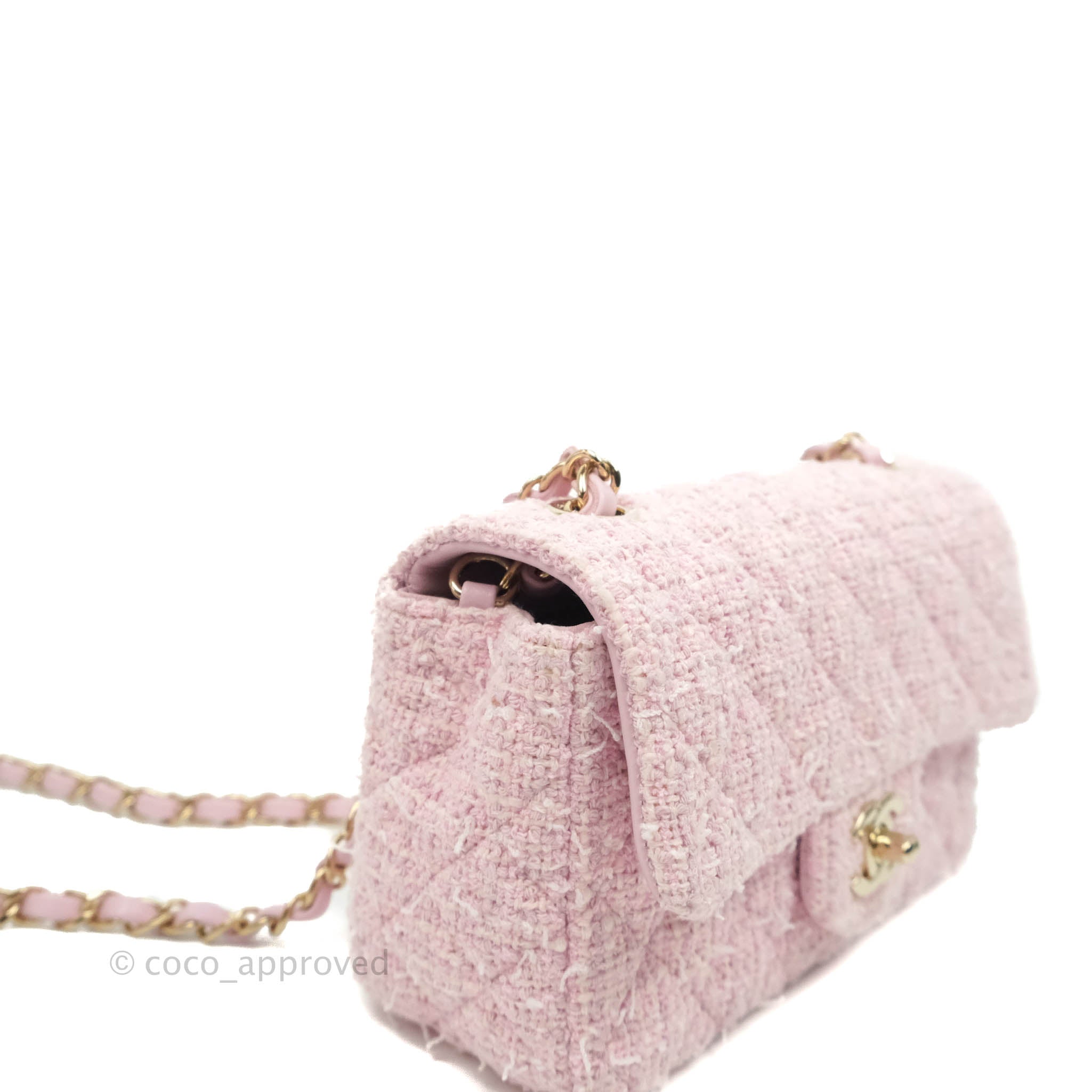 Chanel Classic Mini Rectangular Flap Pink Tweed Gold Hardware – Coco  Approved Studio