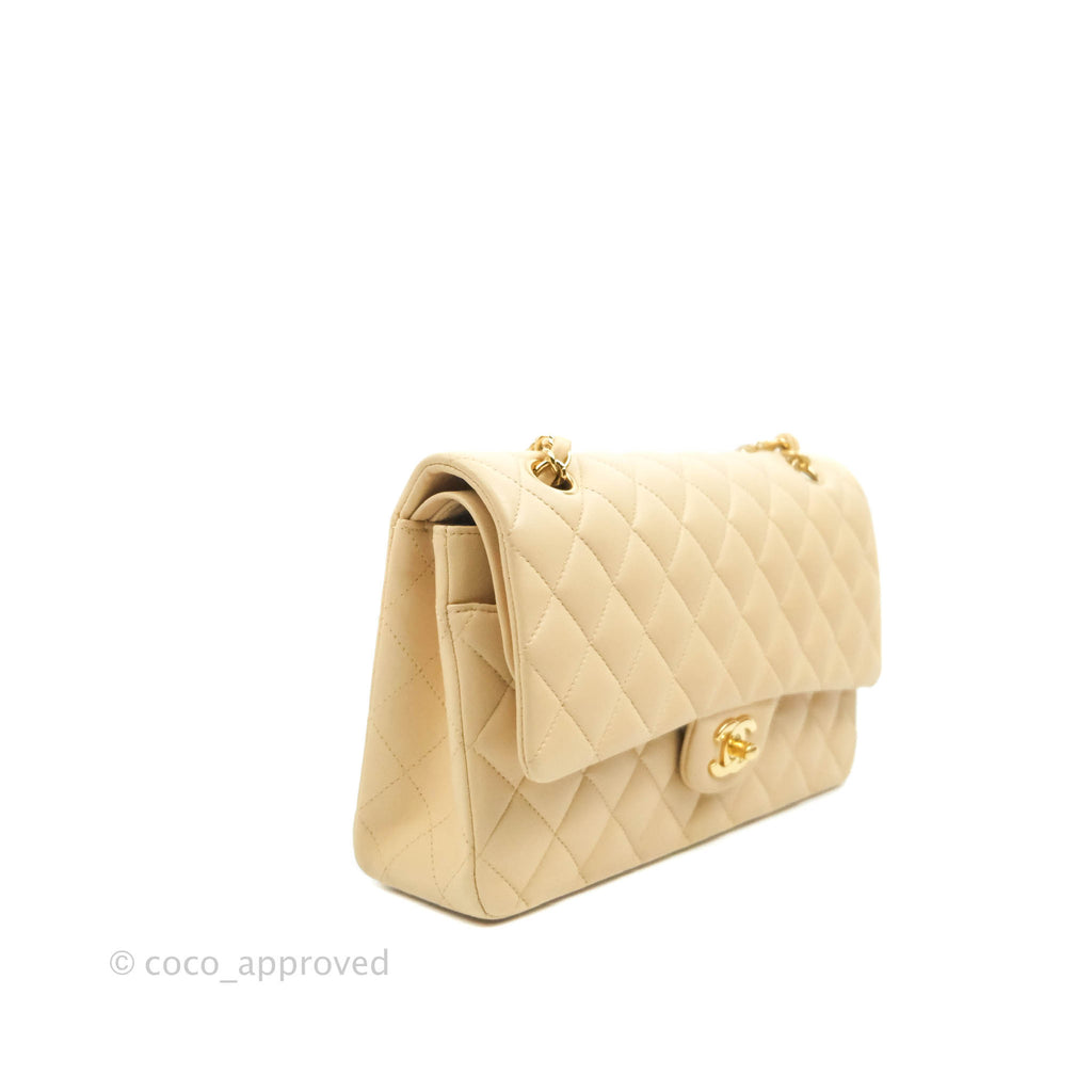 Chanel Classic M/L Medium Flap Quilted Beige Lambskin Gold