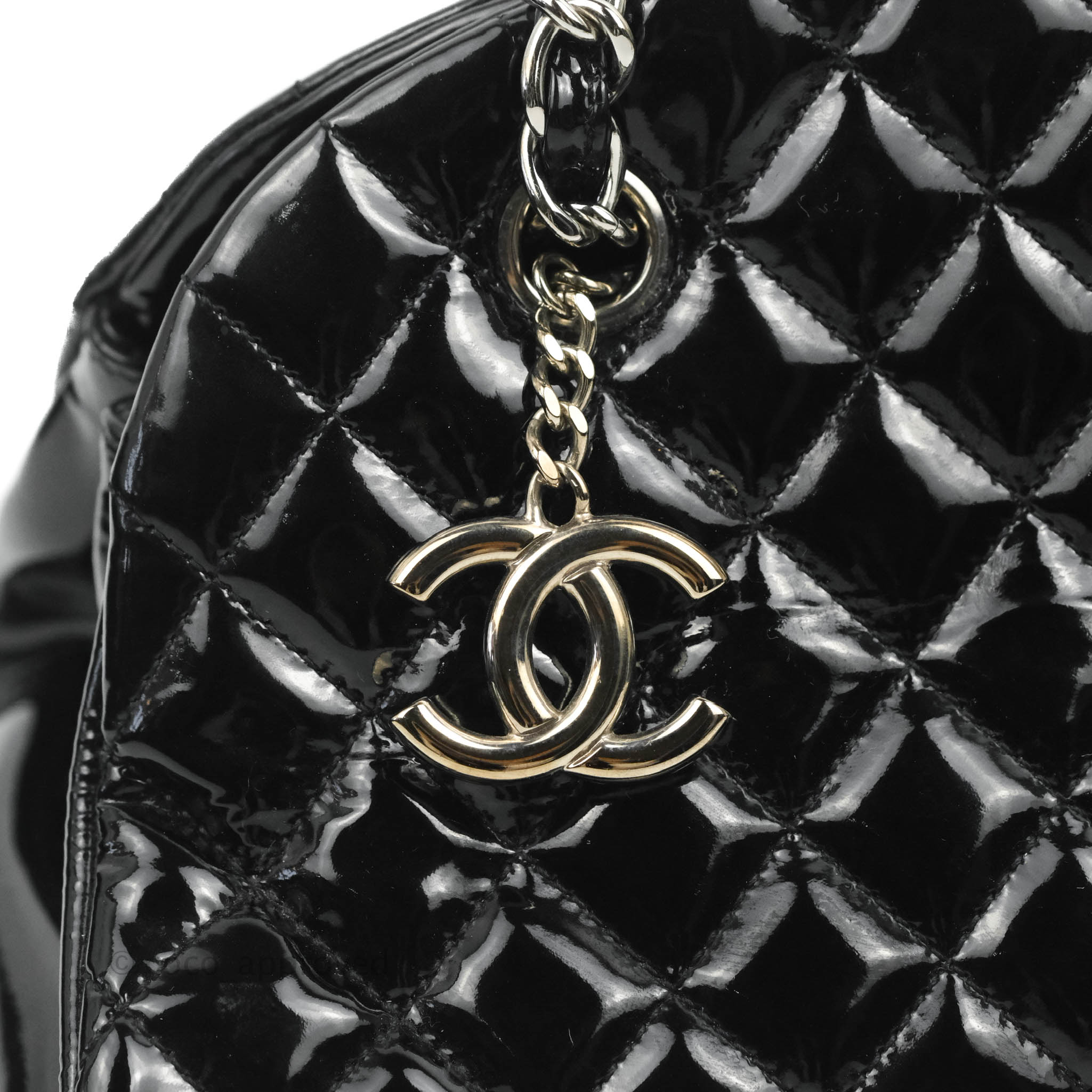 Authentic Chanel Black Patent Quilted Medium Just Mademoiselle Bowling Bag