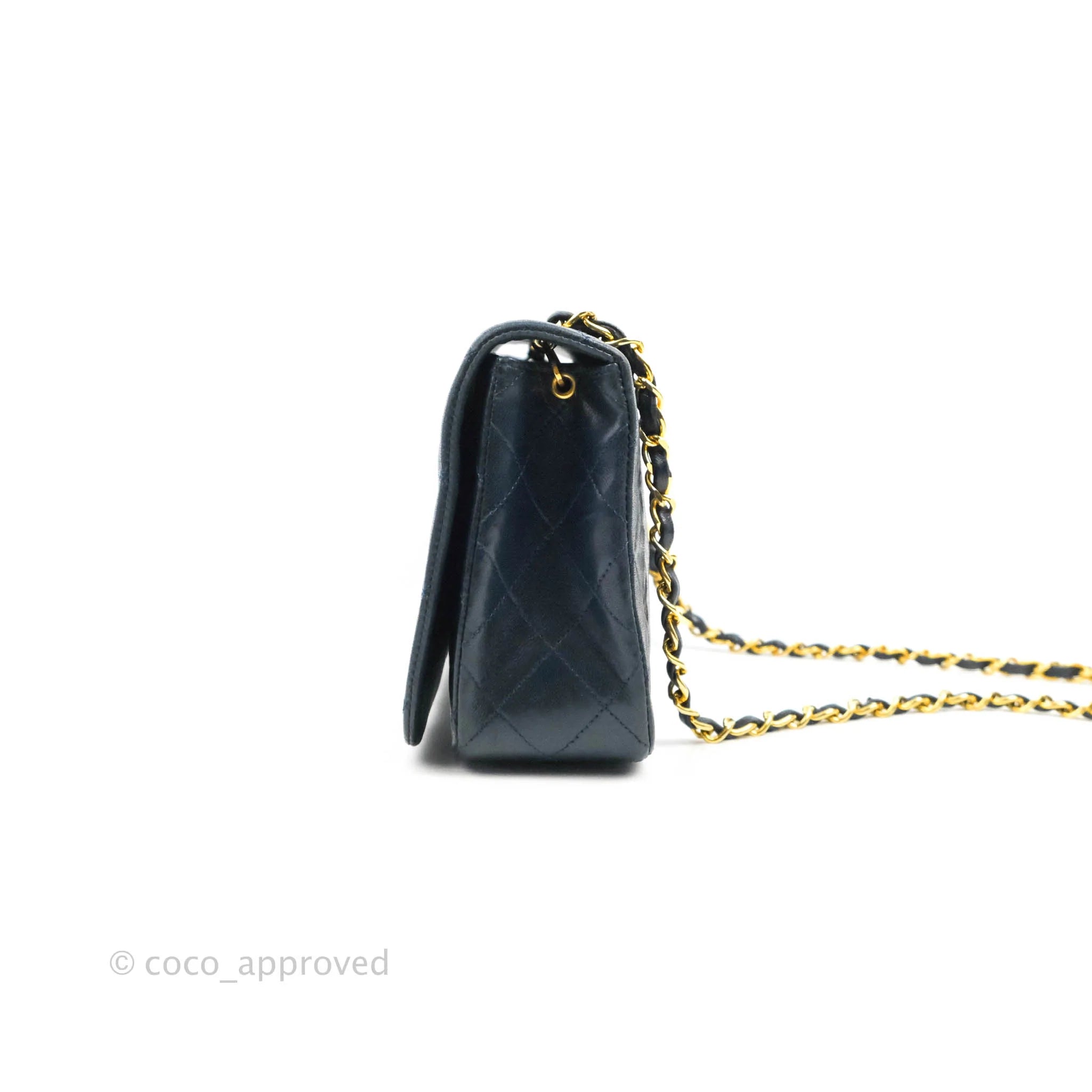 Chanel Vintage Small Single Full Flap Bag Navy Blue Lambskin 24K Gold –  Coco Approved Studio