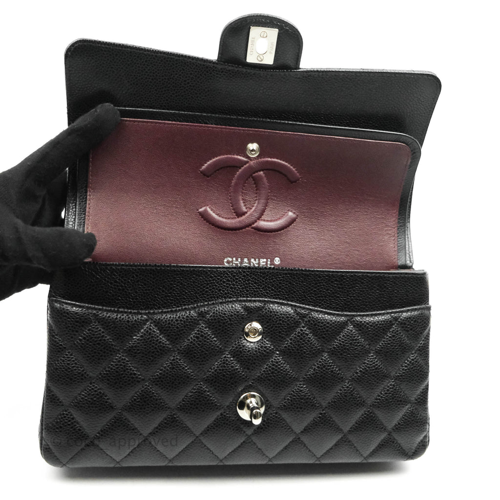 Chanel Classic M/L Medium Double Flap Bag Black Caviar Silver Hardware