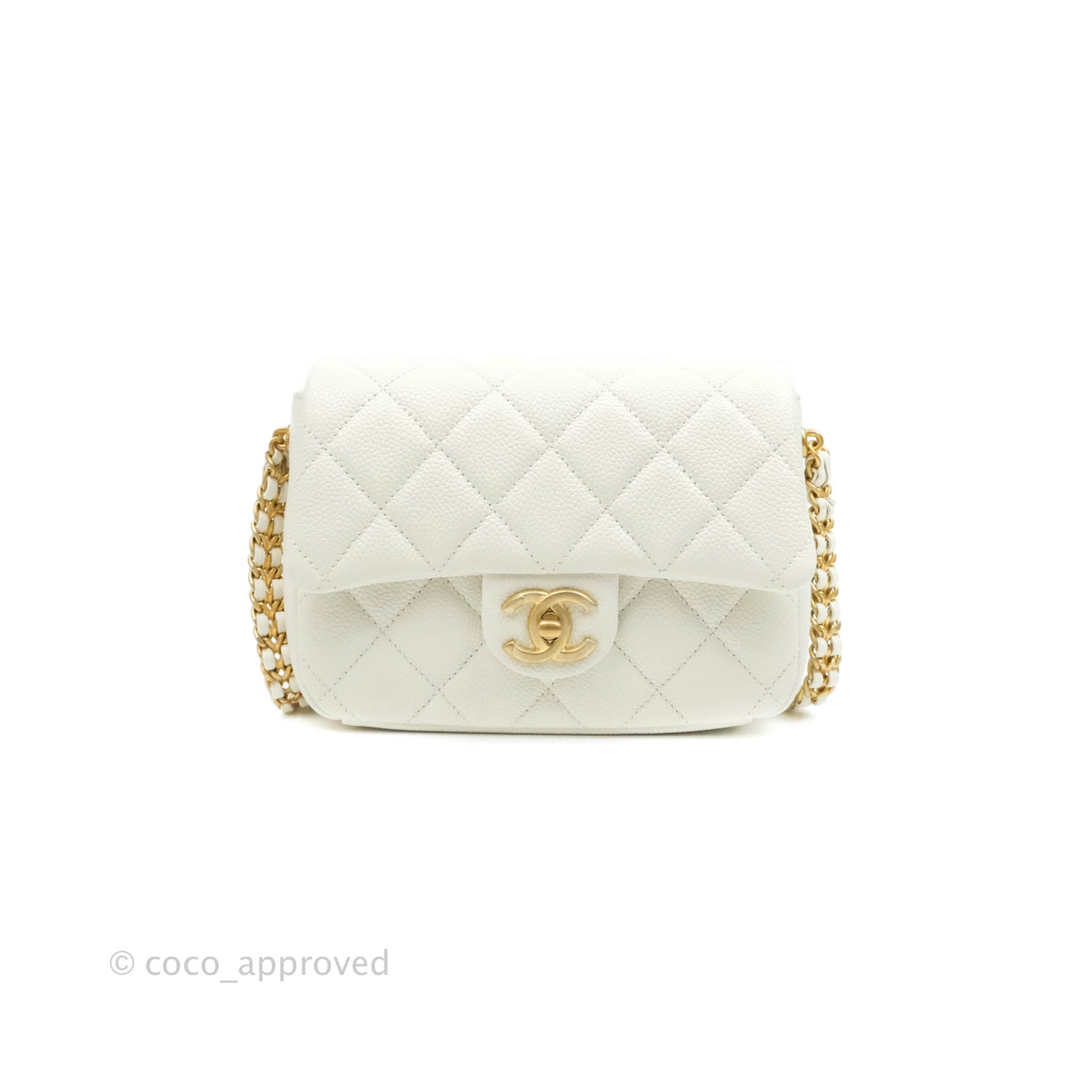 Chanel Mini Flap Bag Coin Charm Soul Chain White Caviar Aged Gold Hardware  21A