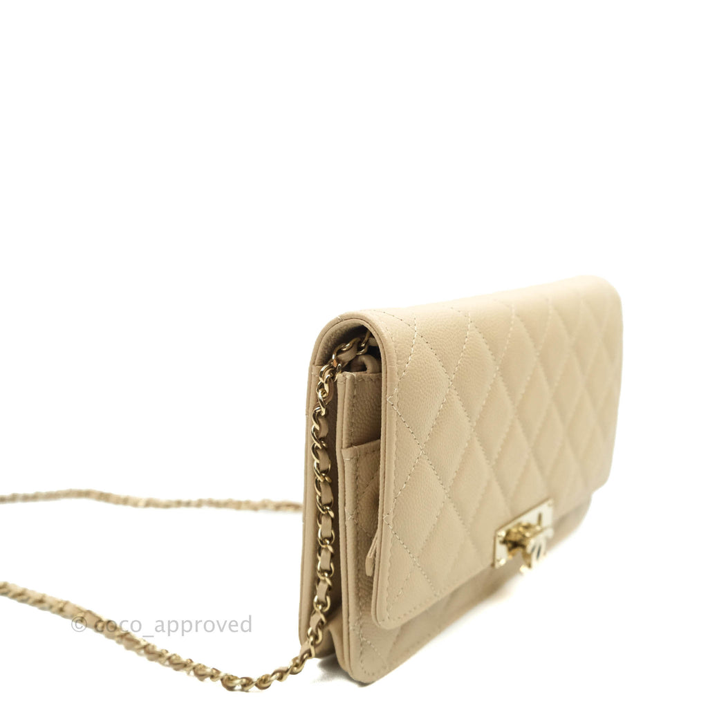 Chanel Quilted Golden Class Wallet on Chain WOC Light Beige Caviar Gold Hardware