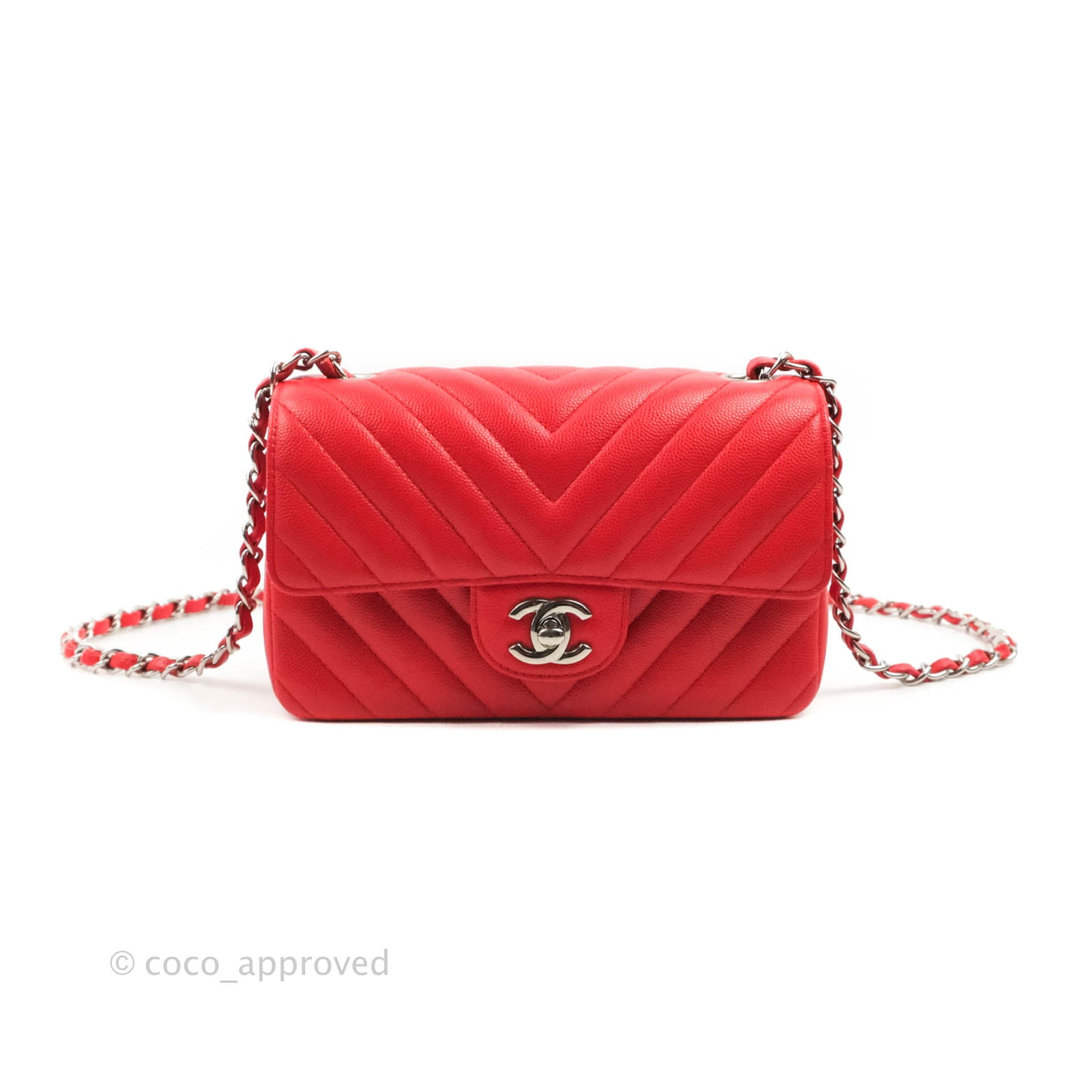 Chanel Quilted Mini Rectangular Flap Red Chevron Caviar Silver Hardware