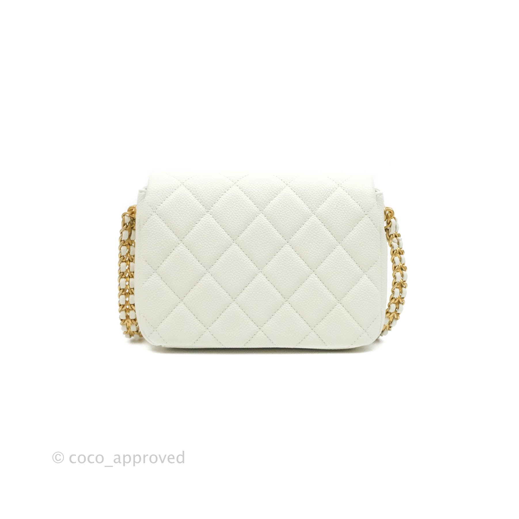 Chanel Mini Flap Bag Coin Charm Soul Chain White Caviar Aged Gold