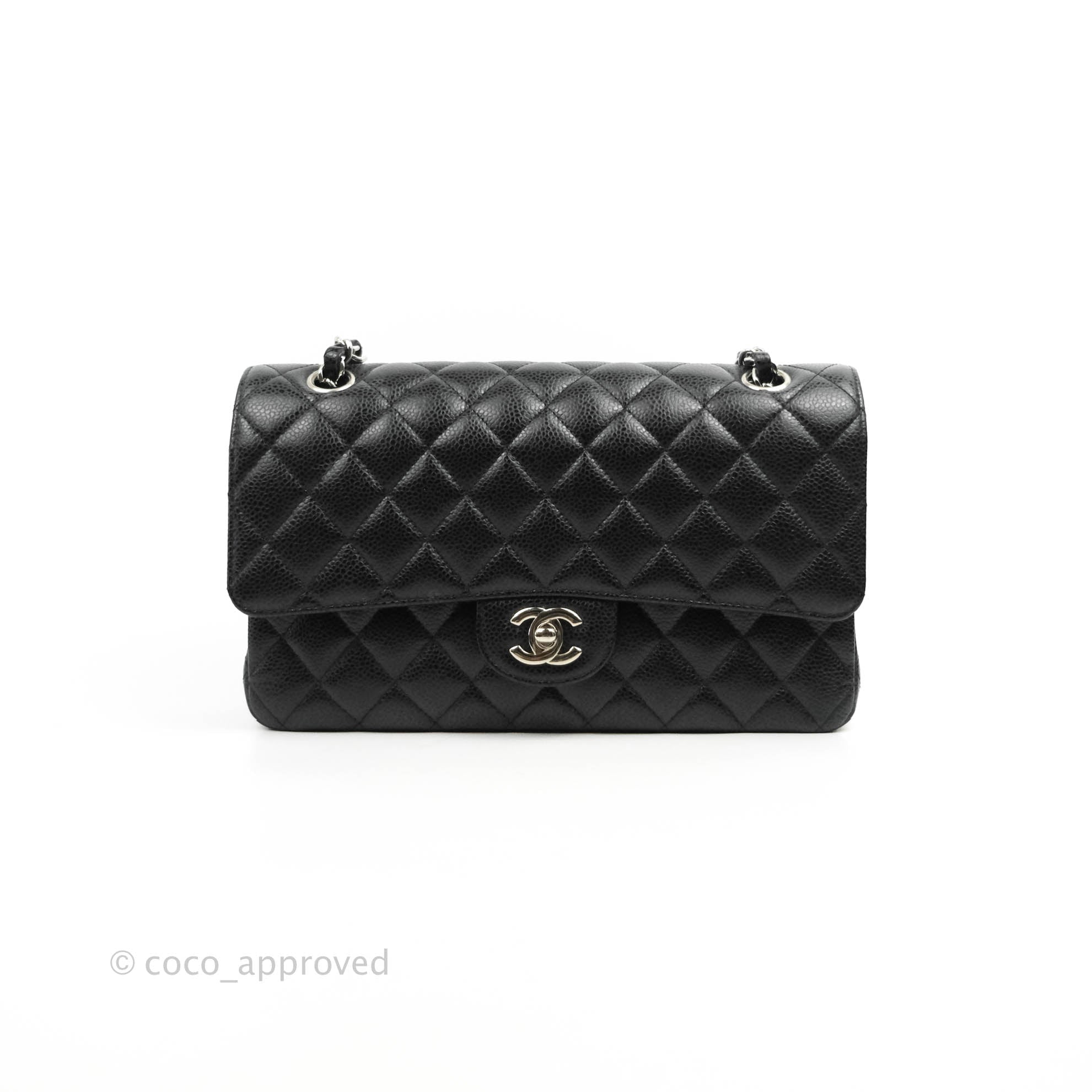 CHANEL Classic Double Flap Medium Black Caviar Leather Bag Silver