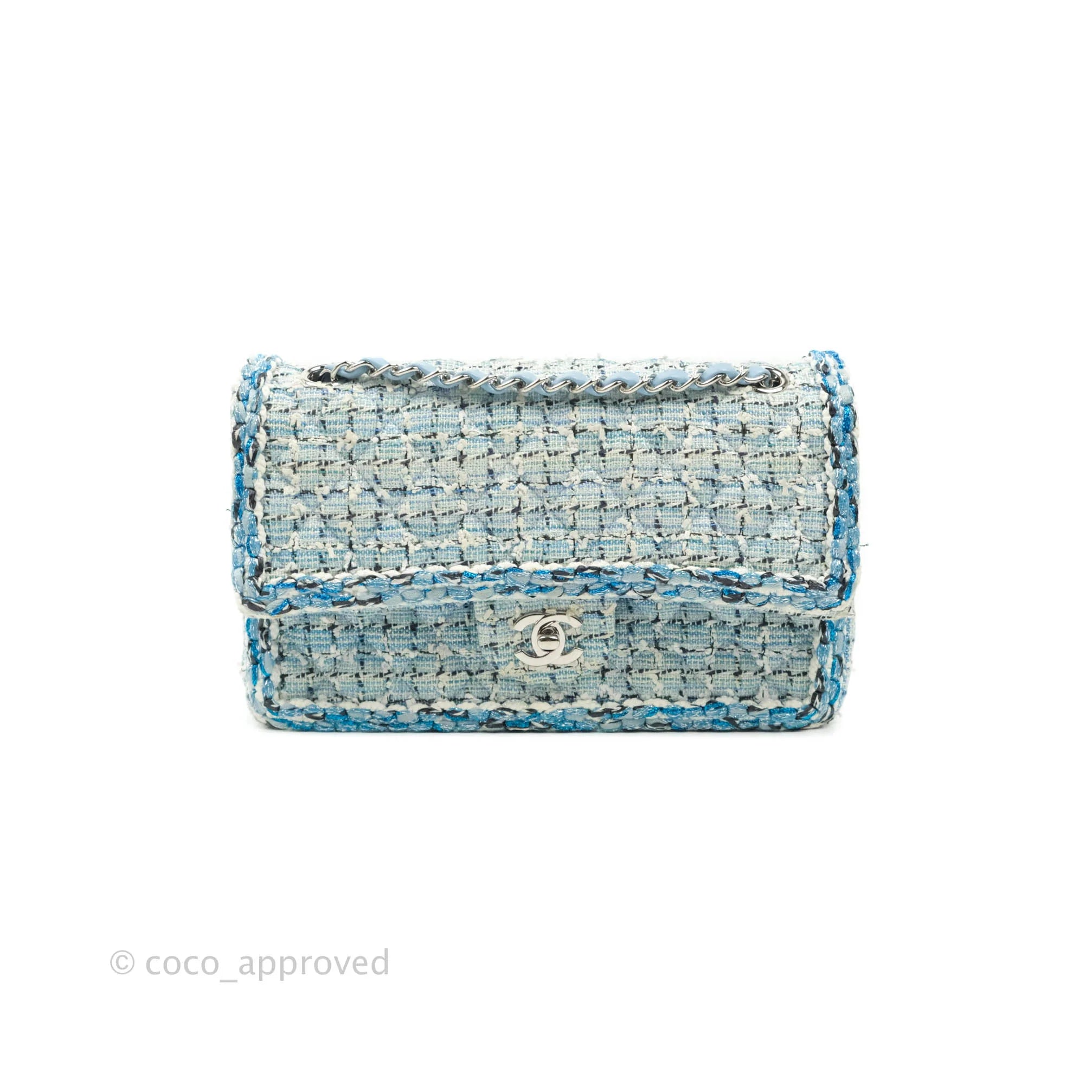 Chanel Medium Classic Double Flap Bag Blue Tweed Silver Hardware