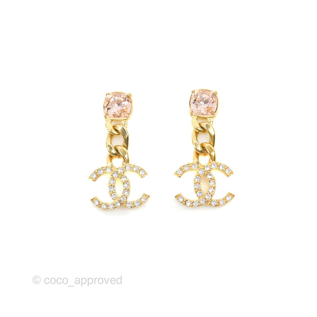 Chanel Pink Crystal Chain CC Drop Earrings Gold Tone 23C – Coco Approved  Studio