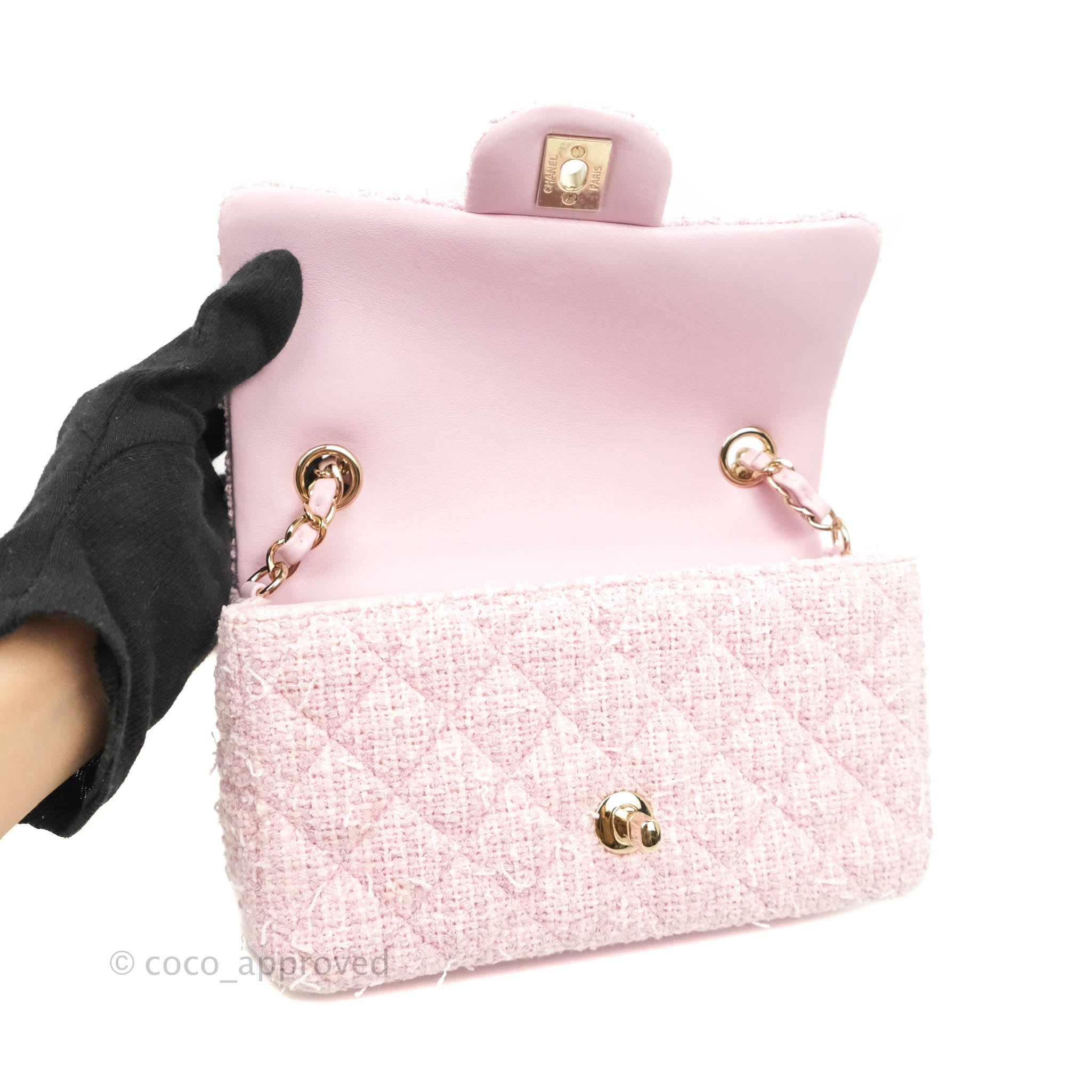 Chanel Mini Classic Rectangular Flap Bag Pink Tweed Gold Hardware – Madison  Avenue Couture