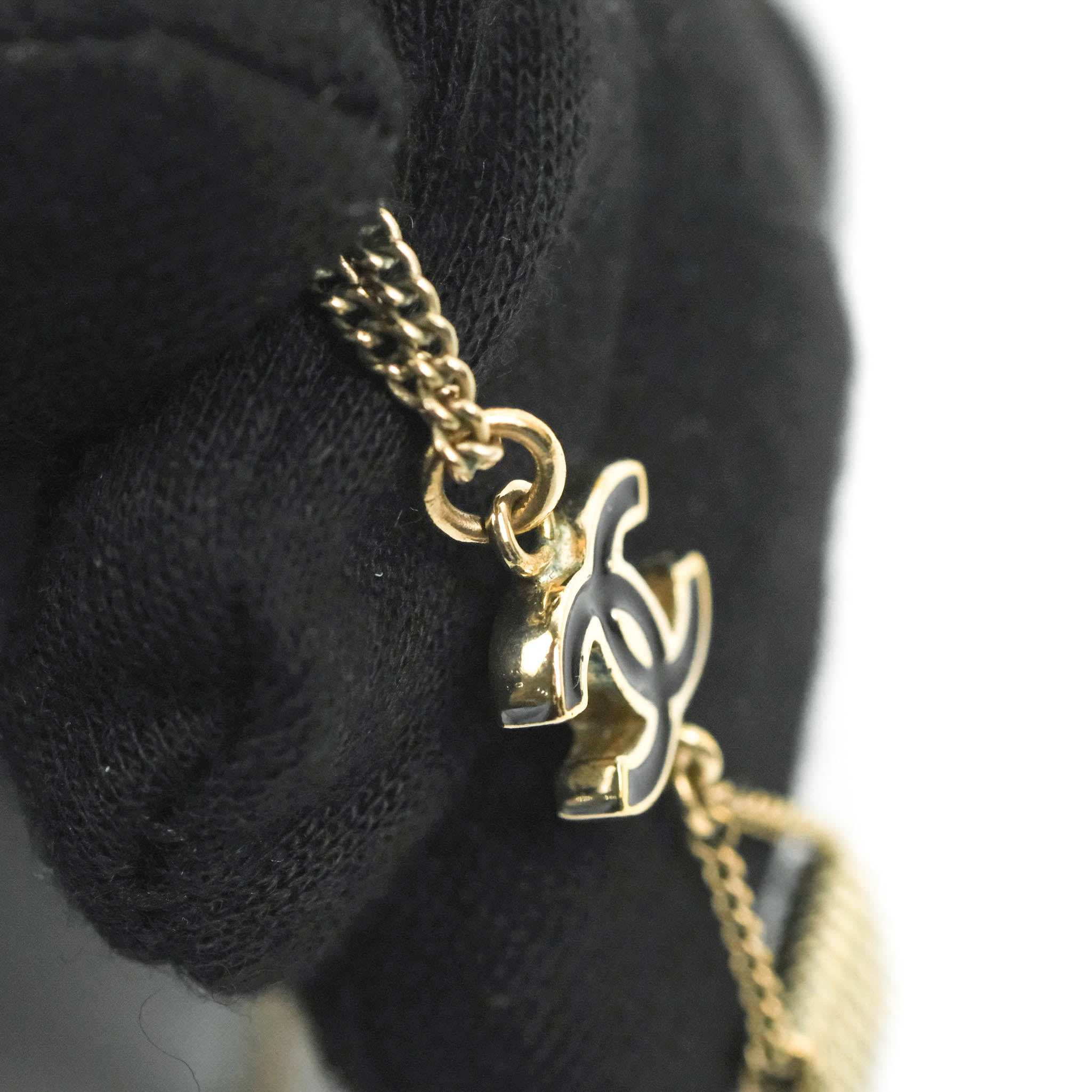 Chanel CC Black Enamel Flap Bag Charm Pendant Necklace Gold Tone