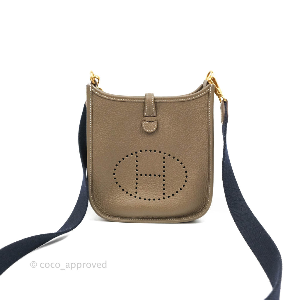 Hermès Mini Evelyne Etoupe Clemence Palladium Hardware with Bleu Indigo Strap