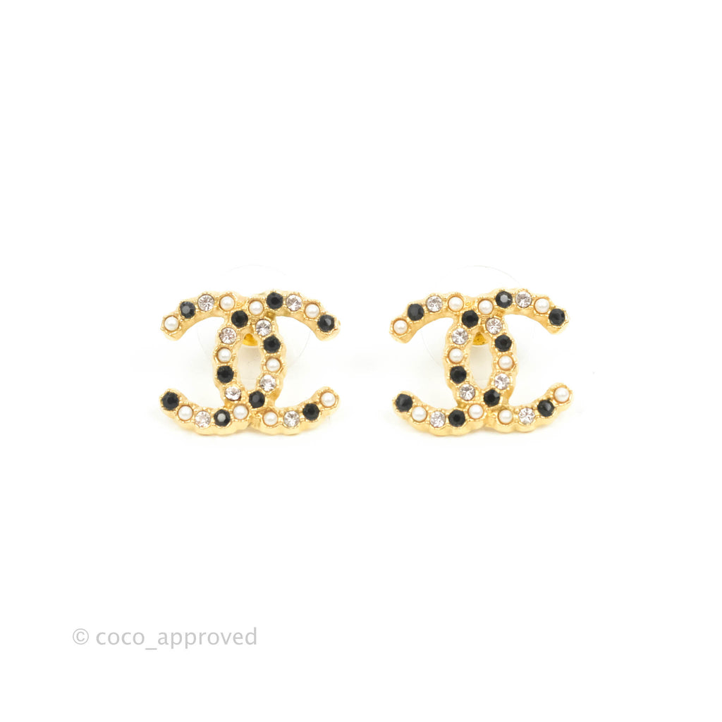 Chanel Pearl Crystal CC Earrings Gold Tone 21V