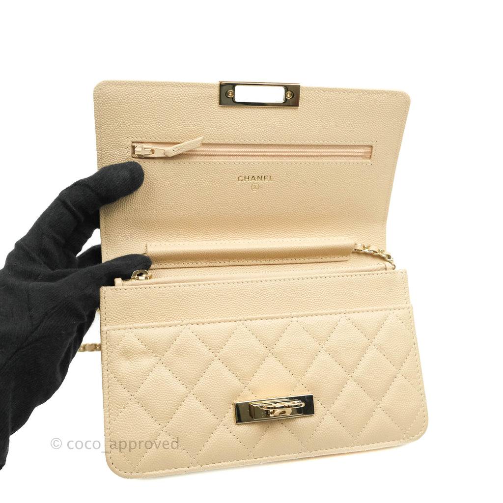 Chanel Quilted Golden Class Wallet on Chain WOC Light Beige Caviar Gold Hardware