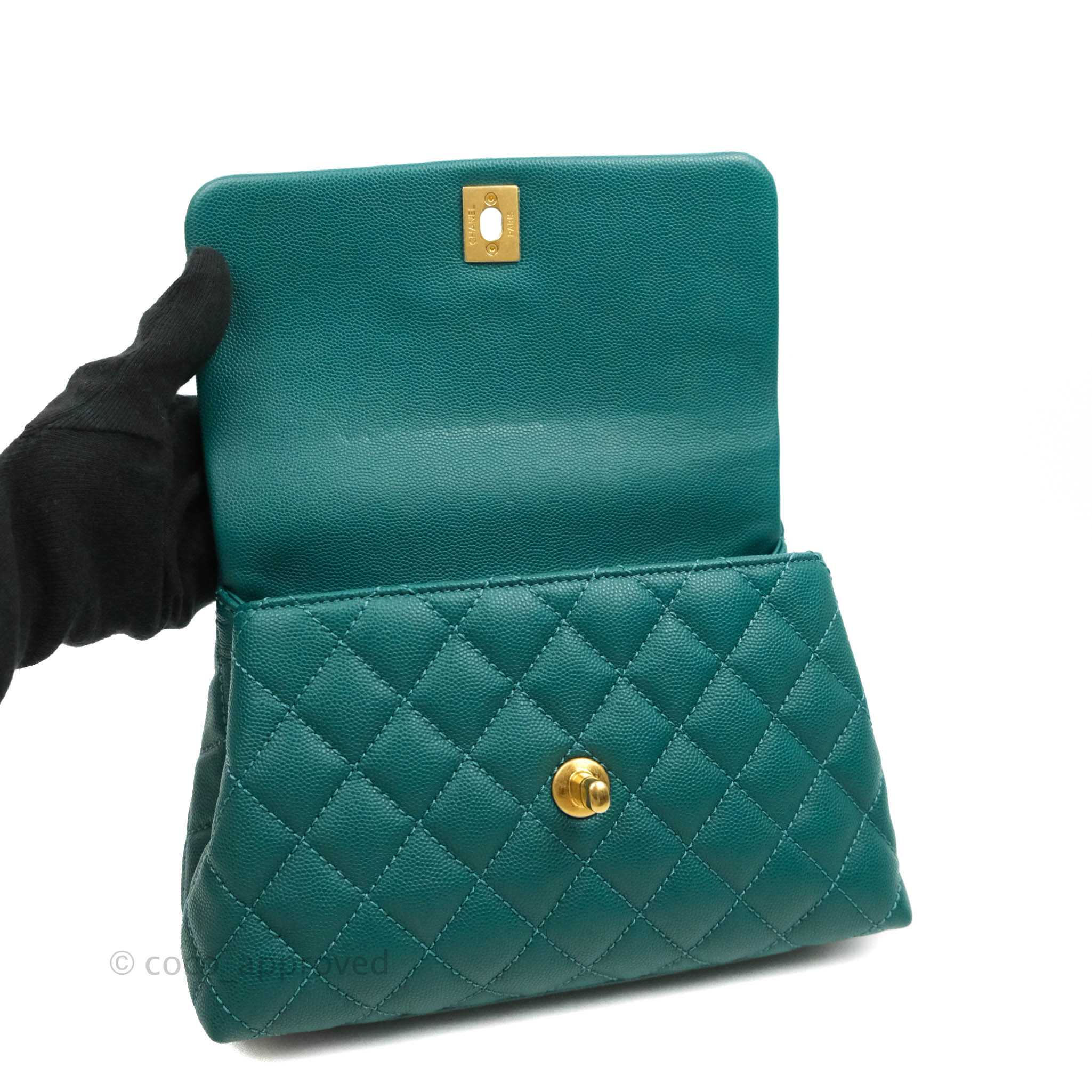 Chanel Small Quilted Coco Handle Teal Green Caviar Gold Hardware